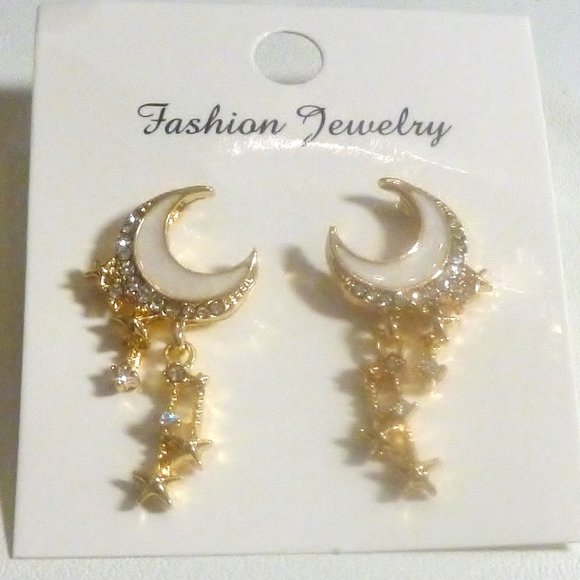 Moon & Stars Earrings Pierced Drop White, Crystal & Gold Tone 1 1/4" NWT M359 - Picture 2 of 4